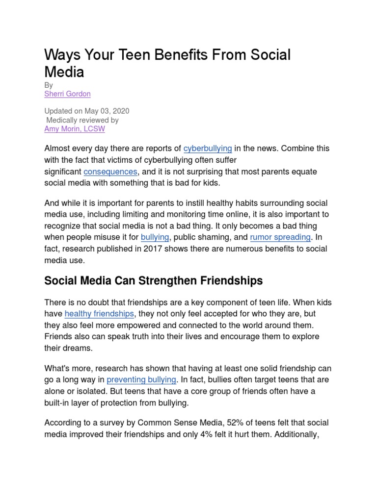 Benefits of Social Media for Teens | PDF | Social Media | Popular ...