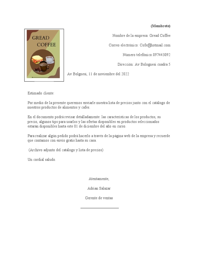 Carta de ventas de Gread Coffee | PDF