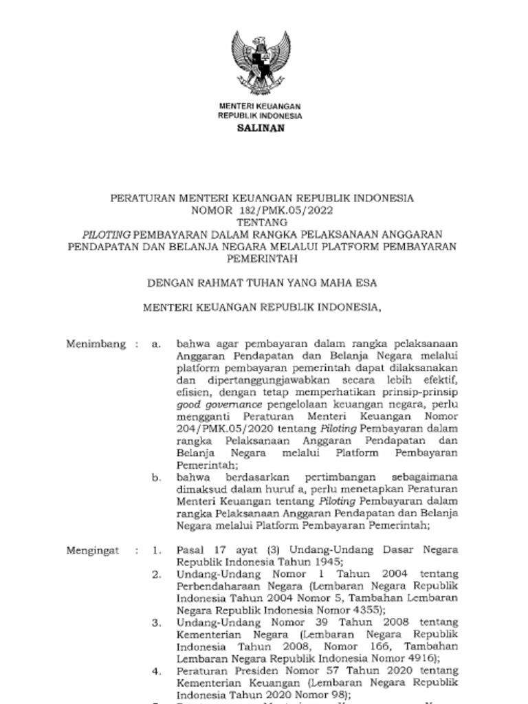 PMK Nomor 182 - PMK.05 - 2022 Revisi PMK 204 Tentang Piloting PPP | PDF
