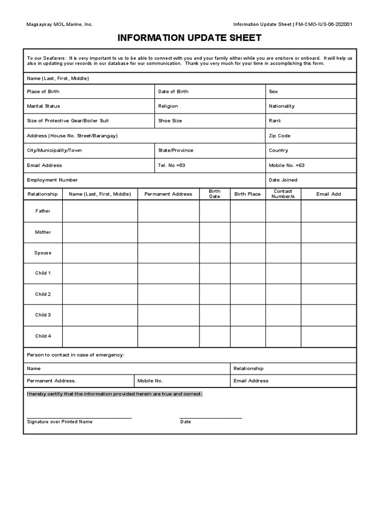 FORM - Information Update Sheet (R06) | PDF