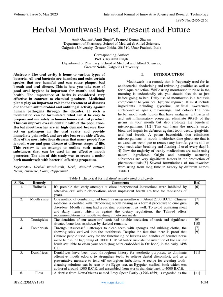 Herbal Mouthwash Past, Present and Future PDF Oral Hygiene Dentistry