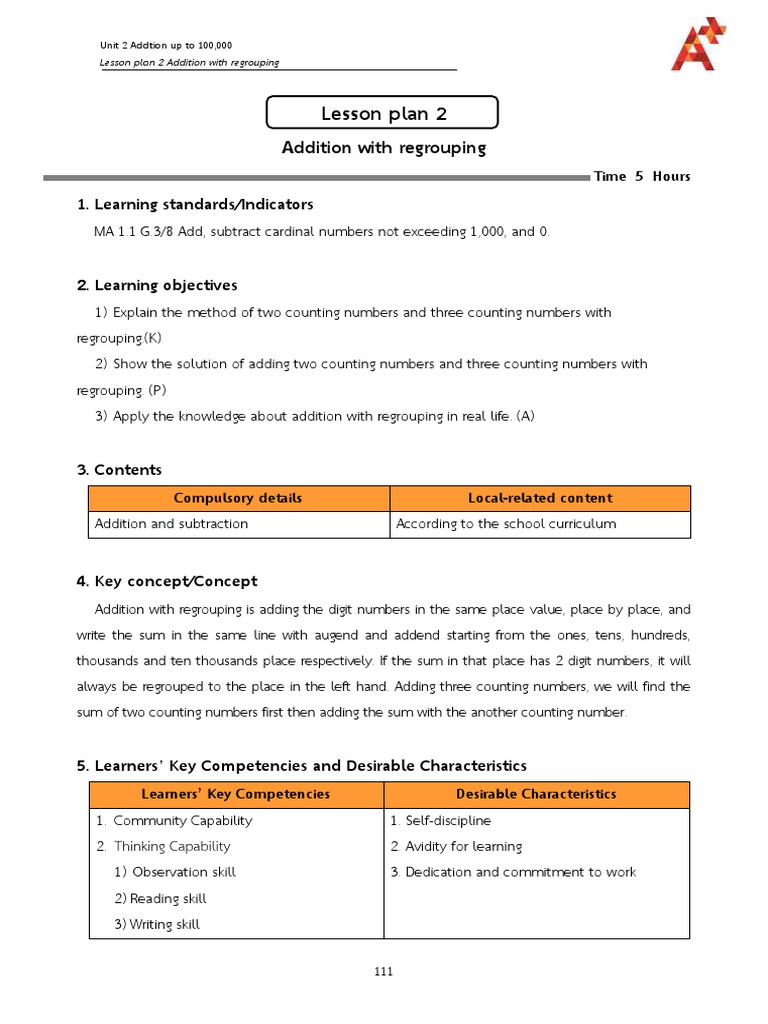 Lesson Plan 22 Addition With Regrouping PDF Learning Teachers