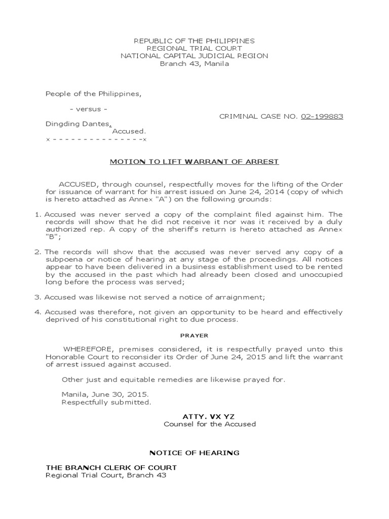 Motion To Lift Warrant of Arrest Download Free PDF Prosecutor Arrest
