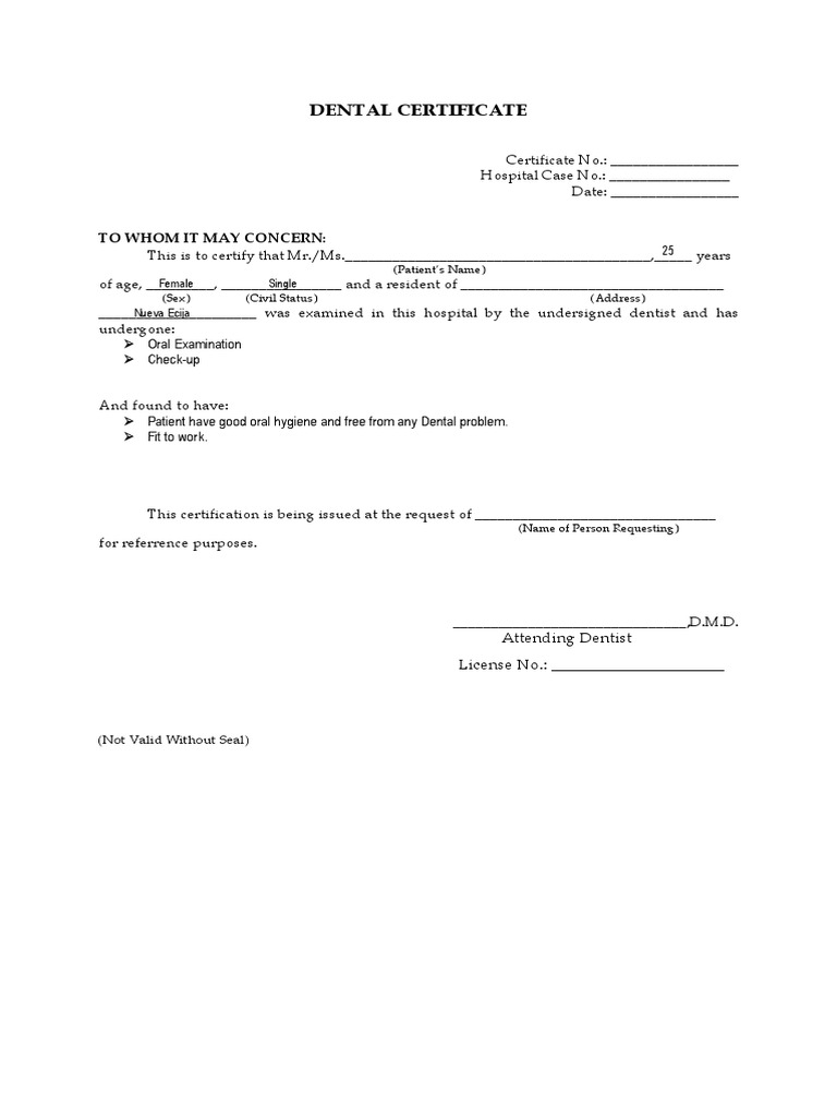 Dental Certificate For Patient (Long Name) | PDF for Free Printable Dental Clearance Form