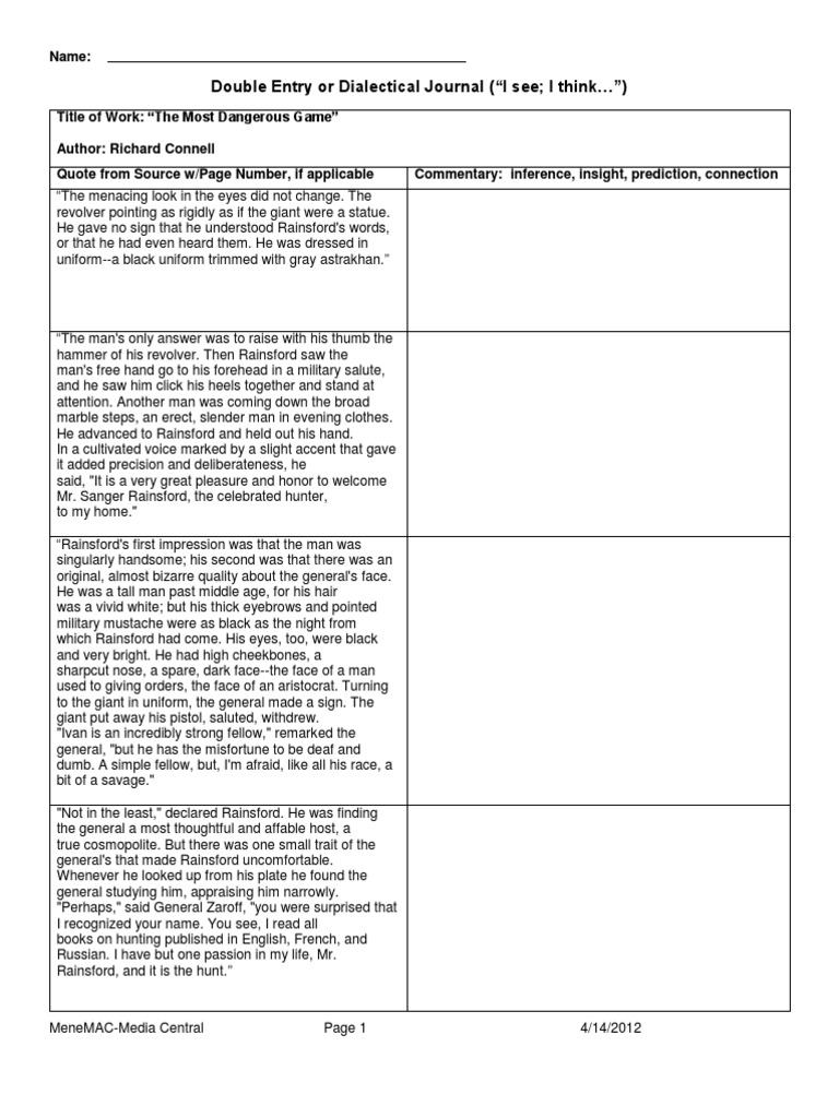 Most Dangerous Game Dialectical Journal | PDF | Leisure | Sports