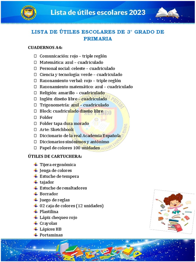 Lista de útiles 3° grado primaria 2025 | PDF | Estudios de idiomas ...