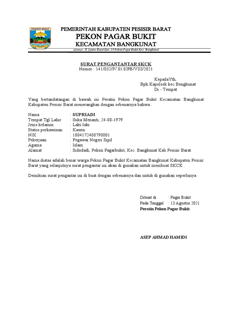 Surat Pengantar SKCK Pagar Bukit | PDF