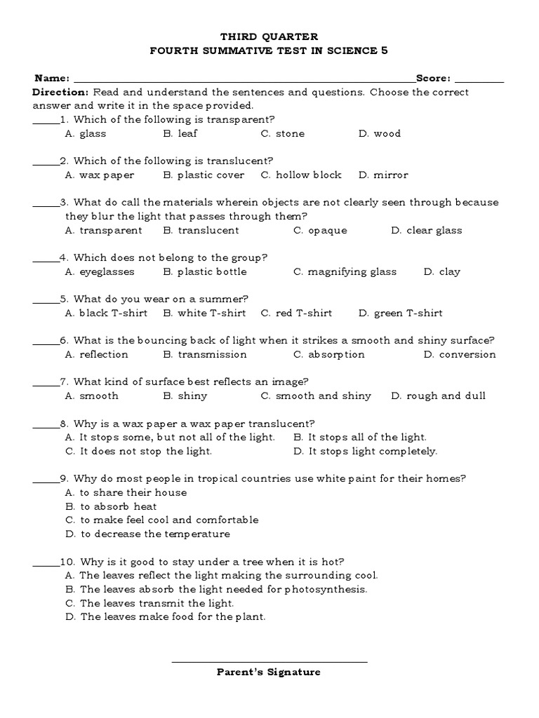 Science 5 Summative Test Q3 | PDF