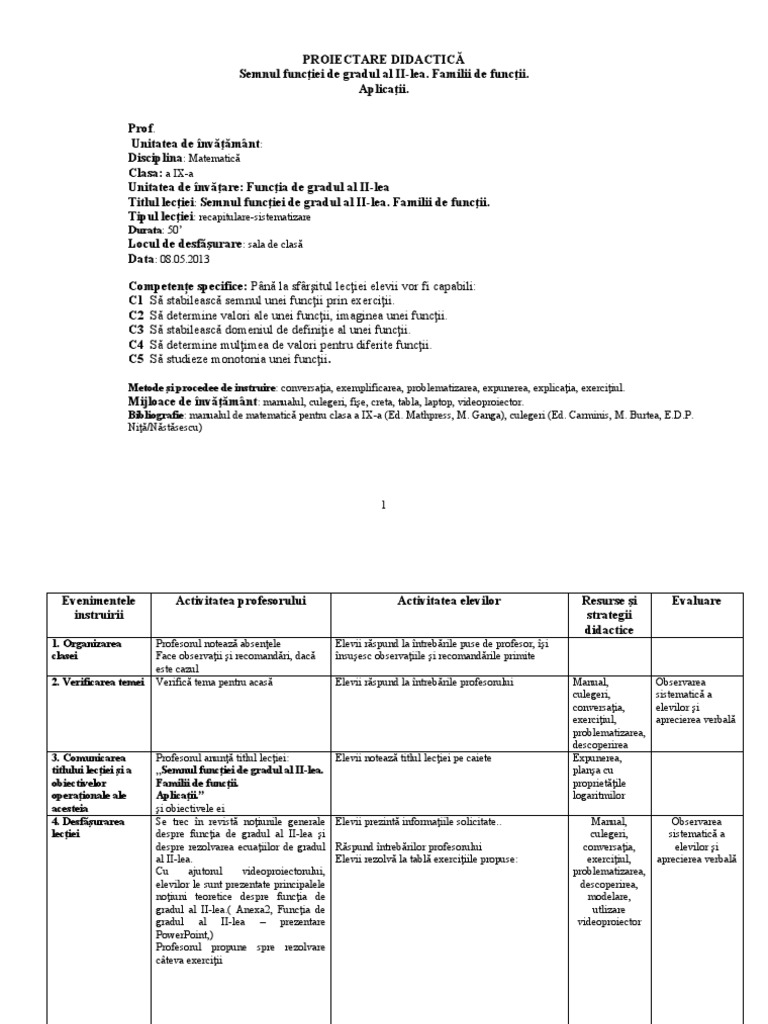 Proiect Didactic Semnul Functiei de Grad II | PDF