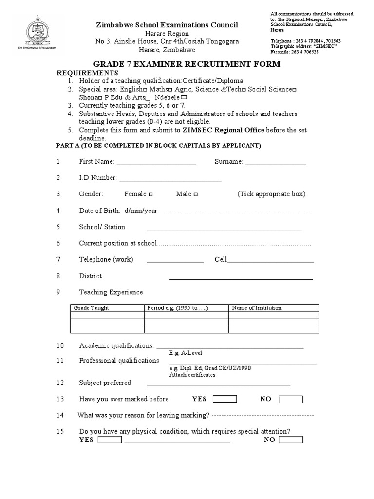ZIMSEC Grade 7 Examiner Application Form | PDF | Educational Stages