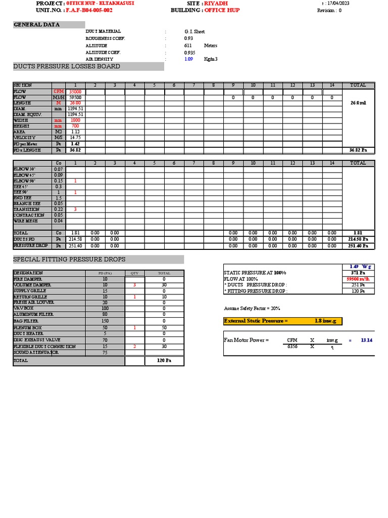 Fans Static Head Calculation Sheet OfFICE HUP PDF Duct (Flow