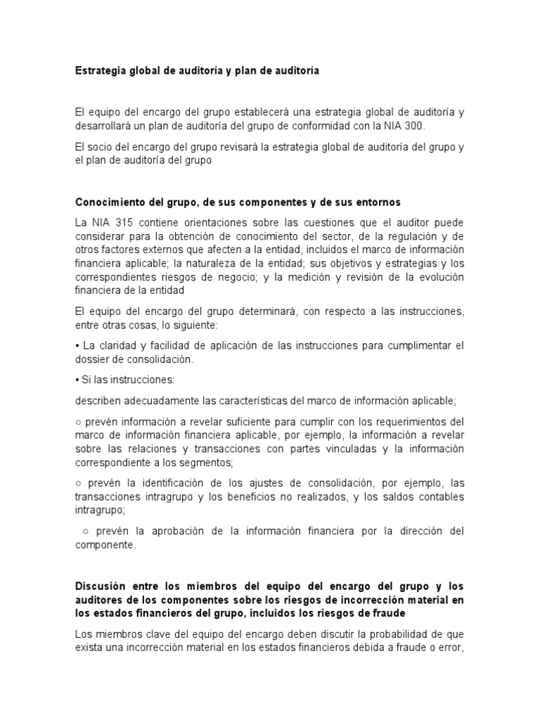 Estrategia Global de Auditoría y Plan | PDF | Auditoría | Estado financiero