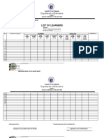 Division Pre Oral Reading Assessment Grades 4 12 List of Learners Template