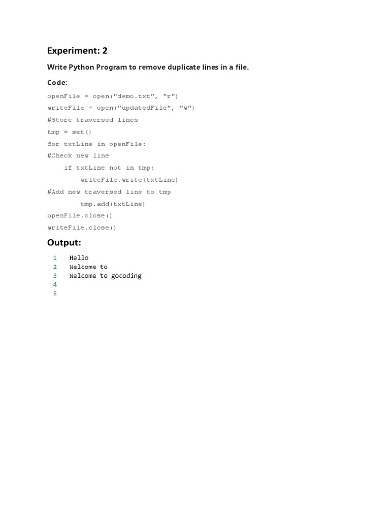 Experiment: 2: Write Python Program To Remove Duplicate Lines in A File ...