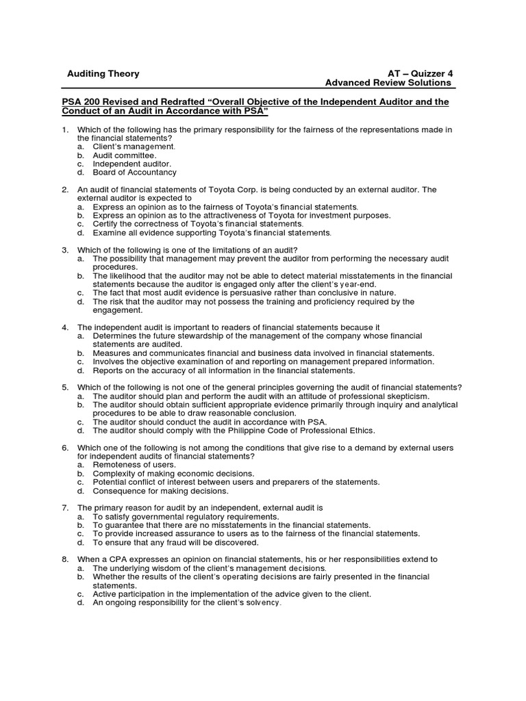 Auditing Theory Quiz: PSA 200 Review | PDF | Financial Audit | Audit