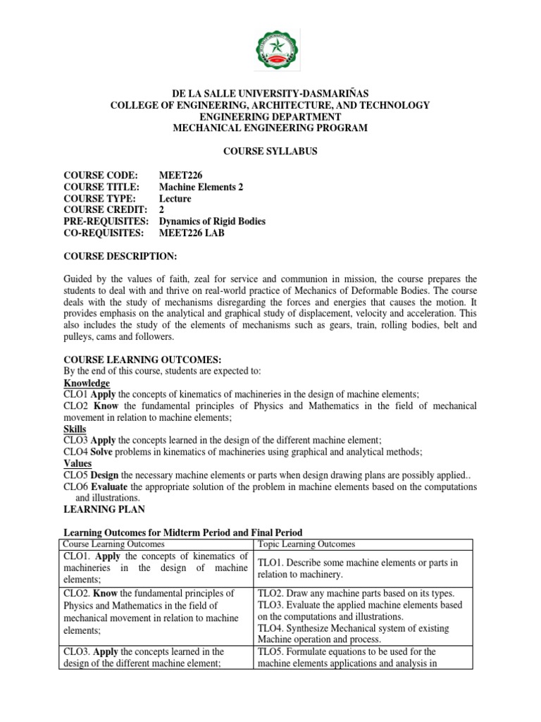 MEET226 MACHINE ELEMENTS 2 Syllabus PDF 5 1 | PDF | Gear | Machines