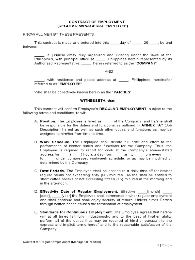 Contract Of Employment Regular Managerialposition Final Pdf