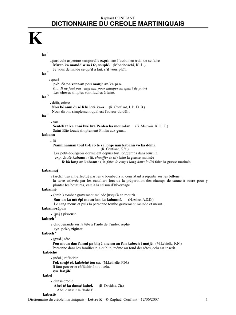 Dictionnaire créole martiniquais - K | PDF | Canne à sucre | Sucre