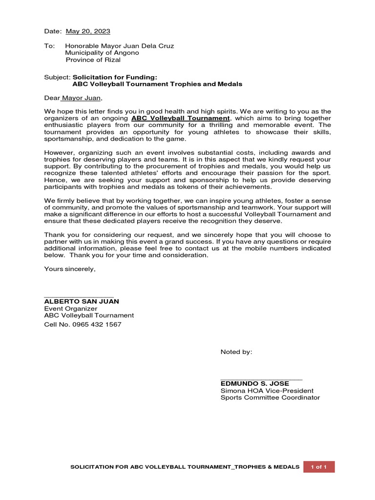 Volleyball Solicitation Letter Sample PDF