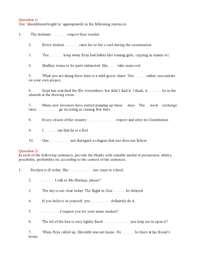 Modals Verbs Exercise Pdf