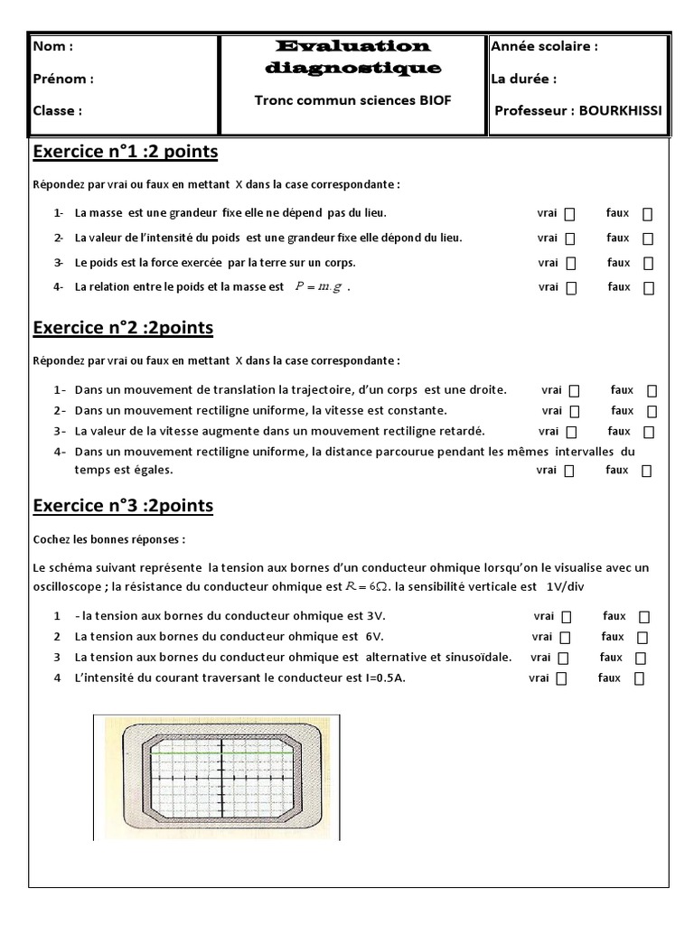 Physique Chimie Tronc Commun Evaluation Diagnostique 3 | PDF ...