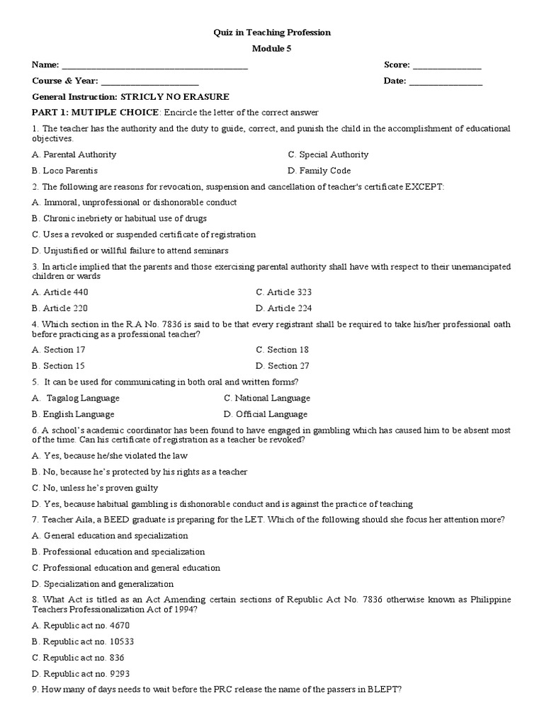 Filipino Exam on Teaching Profession | PDF | Teachers | Justice