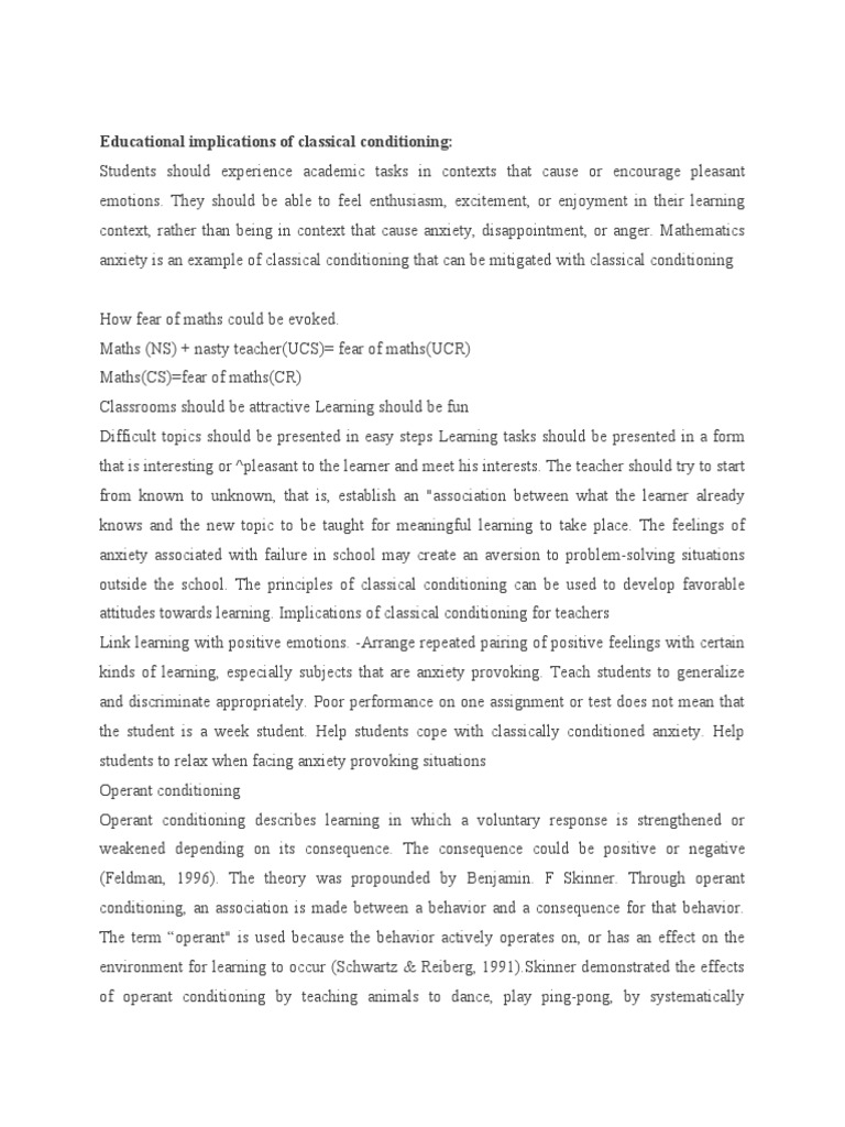 Educational Implications of Conditioning | PDF | Classical Conditioning ...