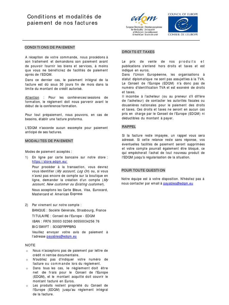 Conditions de paiement des factures EDQM | PDF | Facture | Taxe sur la ...