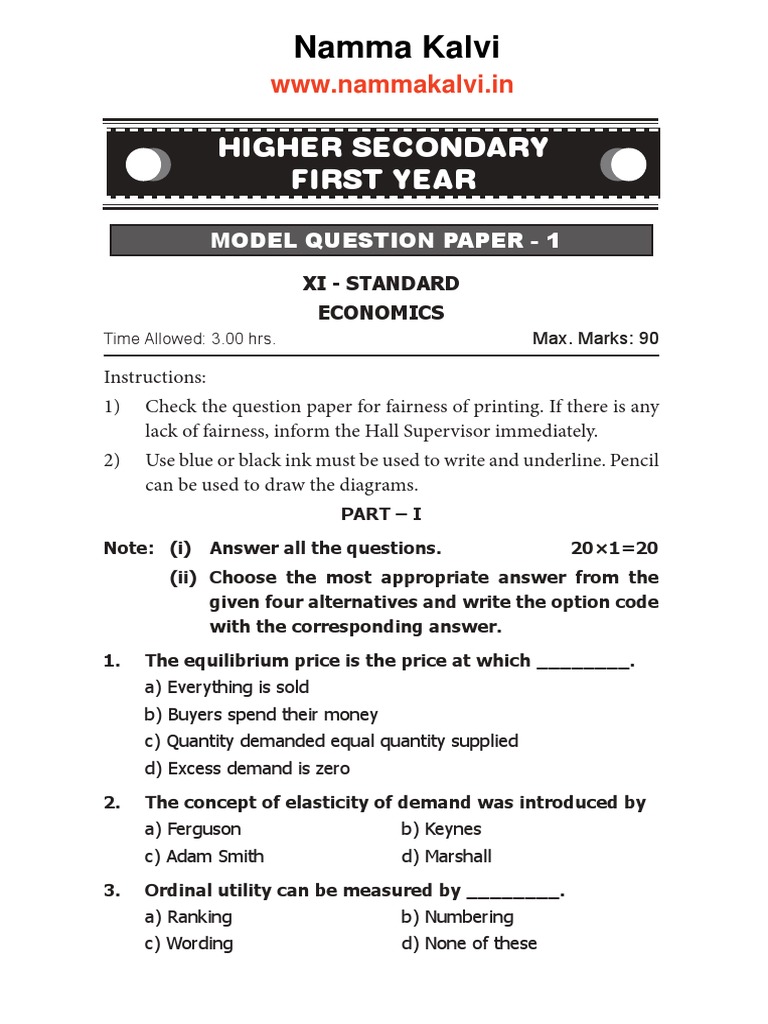 11th Standard Economics Model Paper | PDF | Economics | Perfect Competition