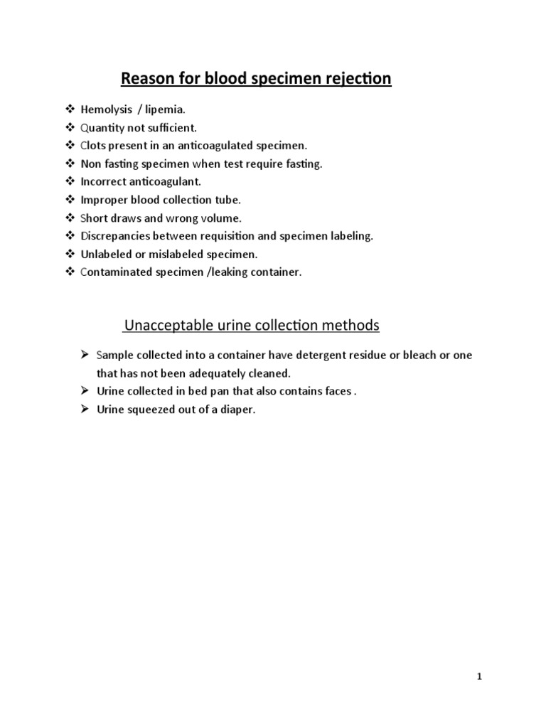 Reasons For Blood Specimen Rejection