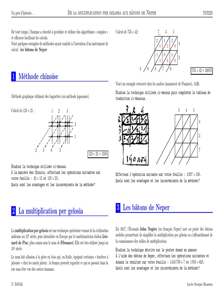 Multiplication : Bâtons de Neper et Gelosia | PDF | Mathématiques ...