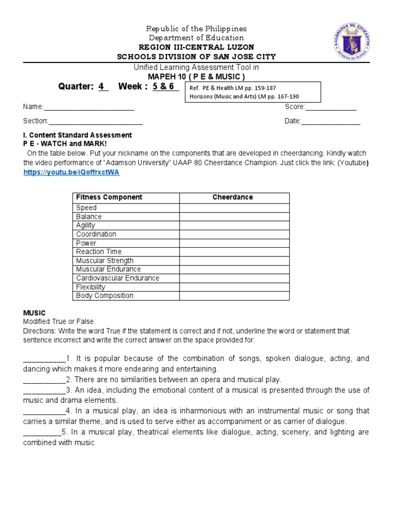 MAPEH 10 Student Assessment | PDF | Cognition