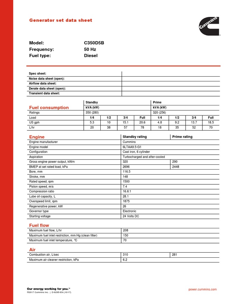 Cummins c350d5b Data Sheet | PDF | Engines | Energy Technology