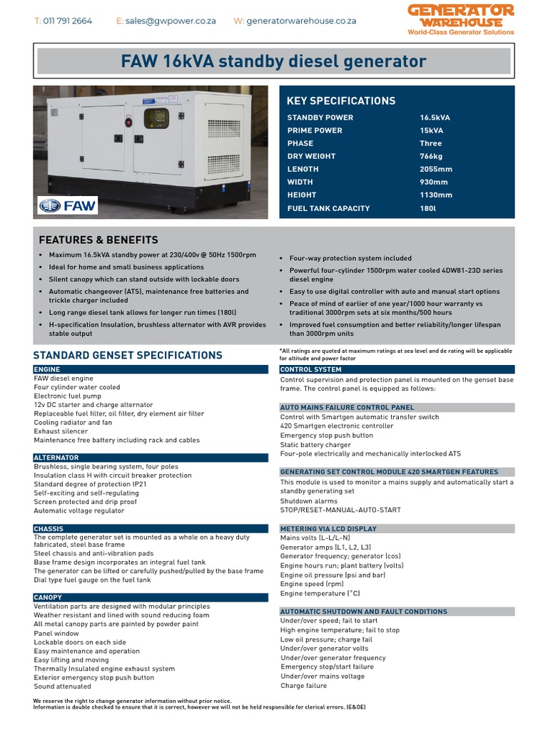 FAW 15kva 3 Phase Specs | PDF | Diesel Engine | Electric Generator
