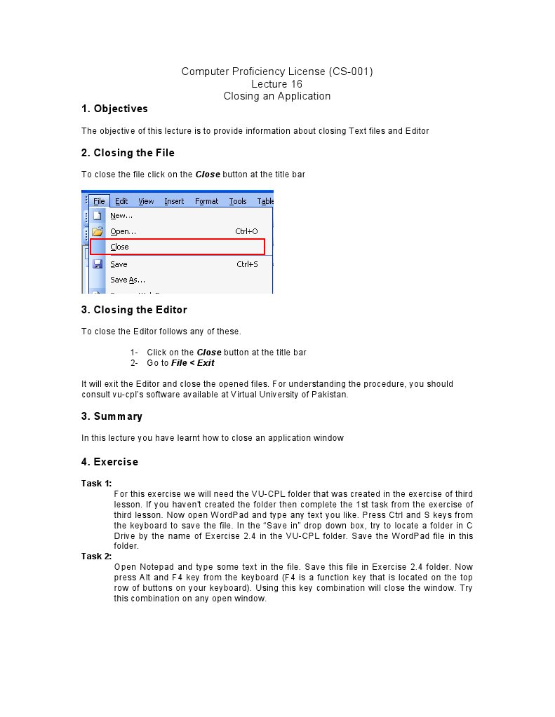 Objectives: Computer Proficiency License (CS-001) Closing An ...
