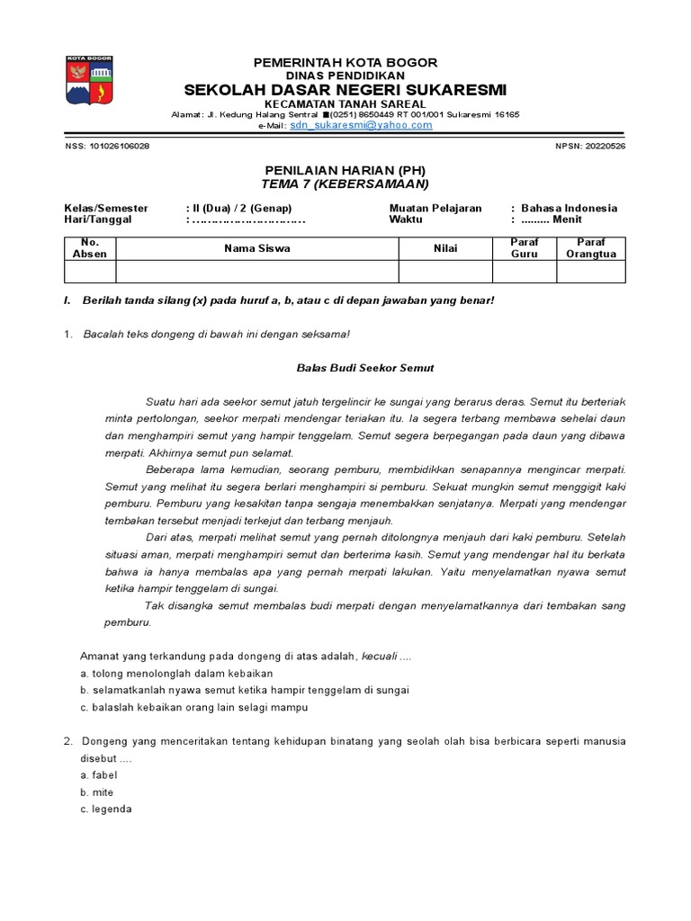 Penilaian Harian Kelas Ii Sd Sukaresmi Pdf