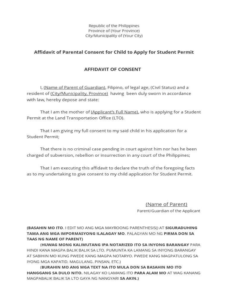 Parental Consent for Student Permit LTO | PDF
