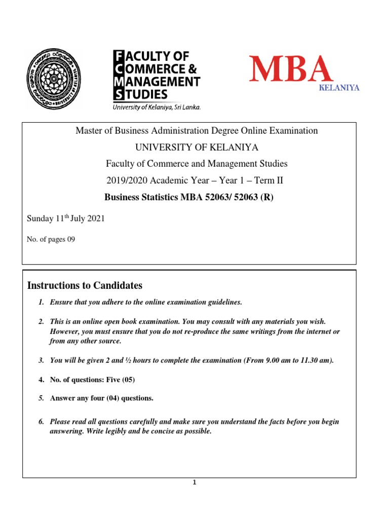 Online MBA Business Statistics Exam Guide | PDF | Student's T Test ...