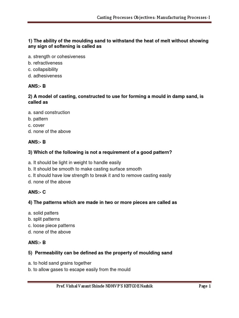 Sand Casting Mcqs PDF Casting (Metalworking) Casting