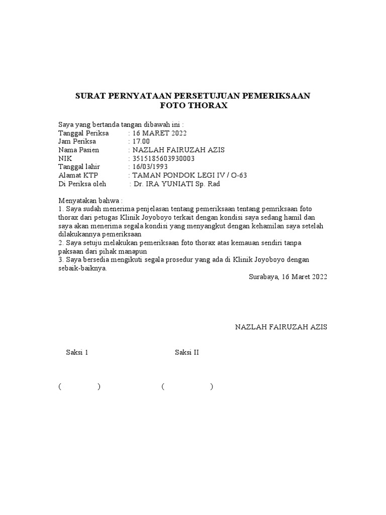 Surat Pernyataan Persetujuan Pemeriksaan | PDF