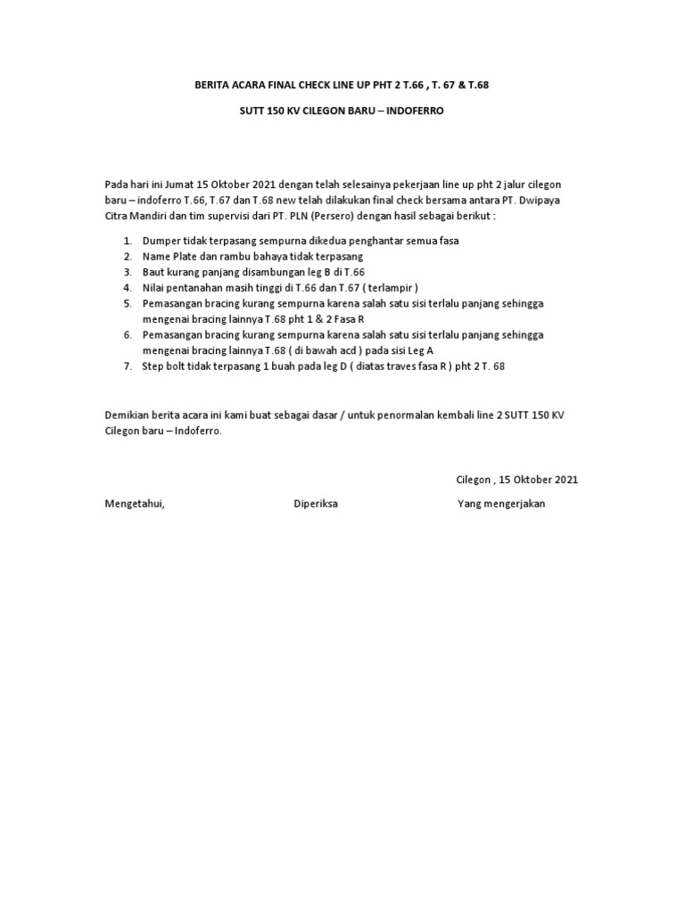 Berita Acara Final Check Line Up PHT 2 | PDF