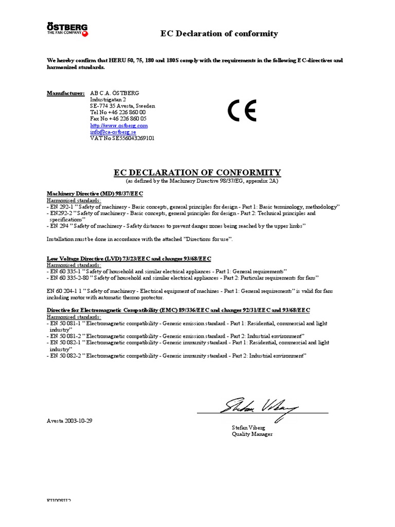 EC Declaration of Conformity for HERU Models | PDF