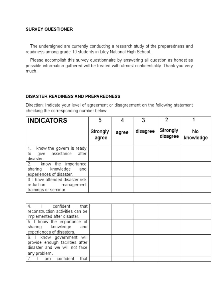 Disaster Preparedness Survey for Students | PDF