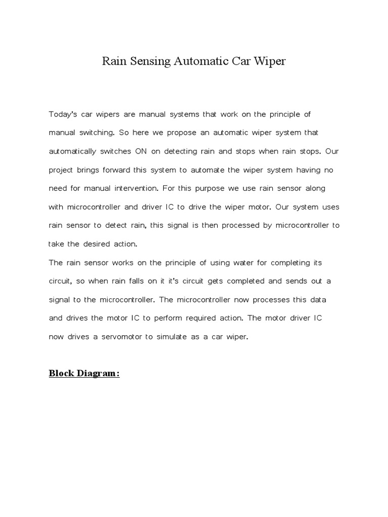 Rain Sensing Automatic Car Wiper Block Diagram PDF Servomechanism Microcontroller