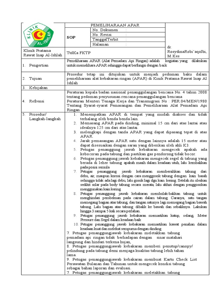 Sop Pemeliharaan Apar | PDF