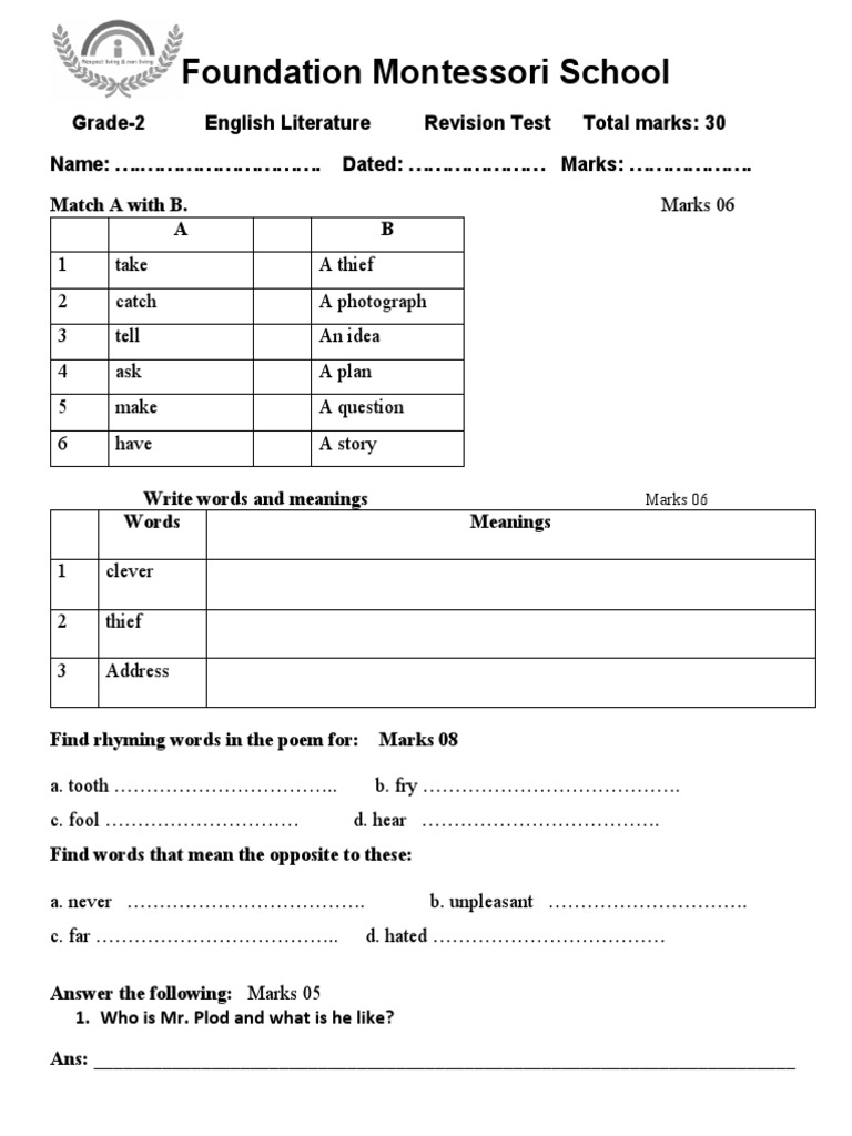 30-11-2020 English Grade 2 Test | PDF