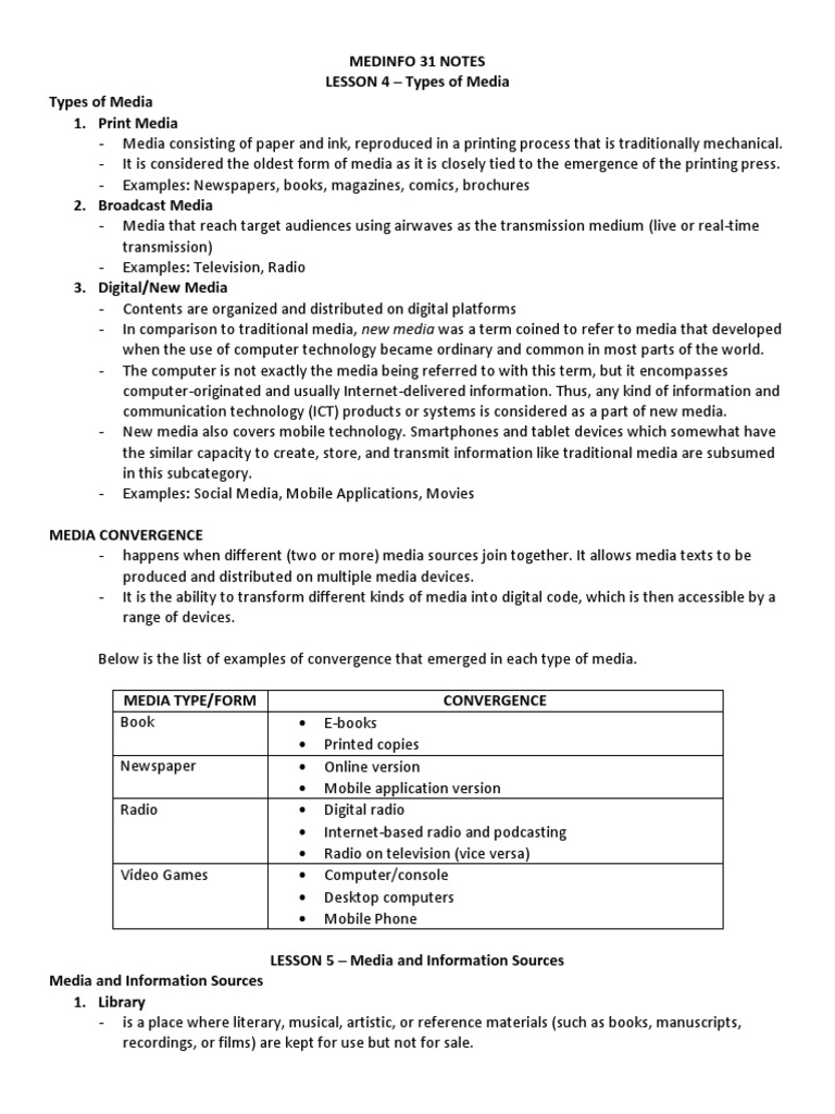 Lesson 4 5 notes types of media media and information sources
