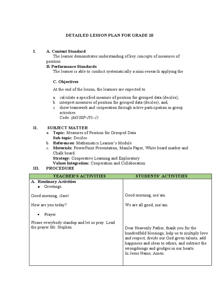 Grade 10 Lesson Plan: Deciles in Data | PDF | Interval (Mathematics ...