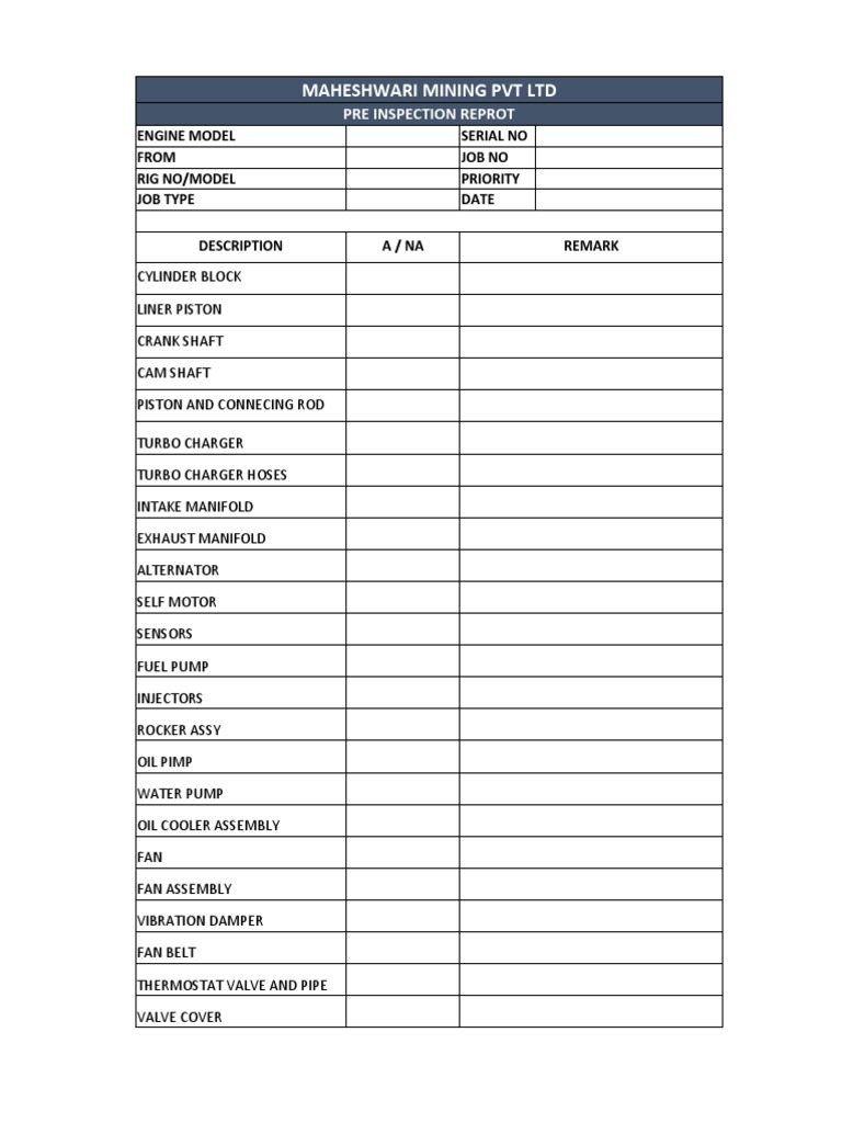 Maheshwari Mining Engine Inspection Report | PDF | Turbocharger | Pump