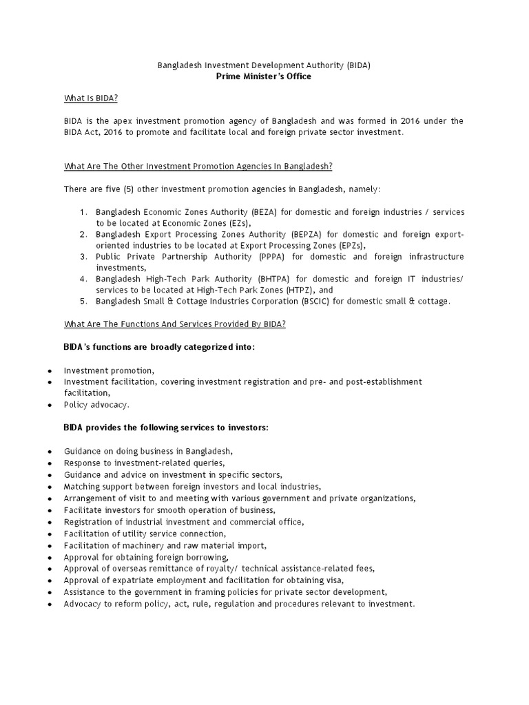 Bangladesh Investment Development Authority PDF Joint Stock Company